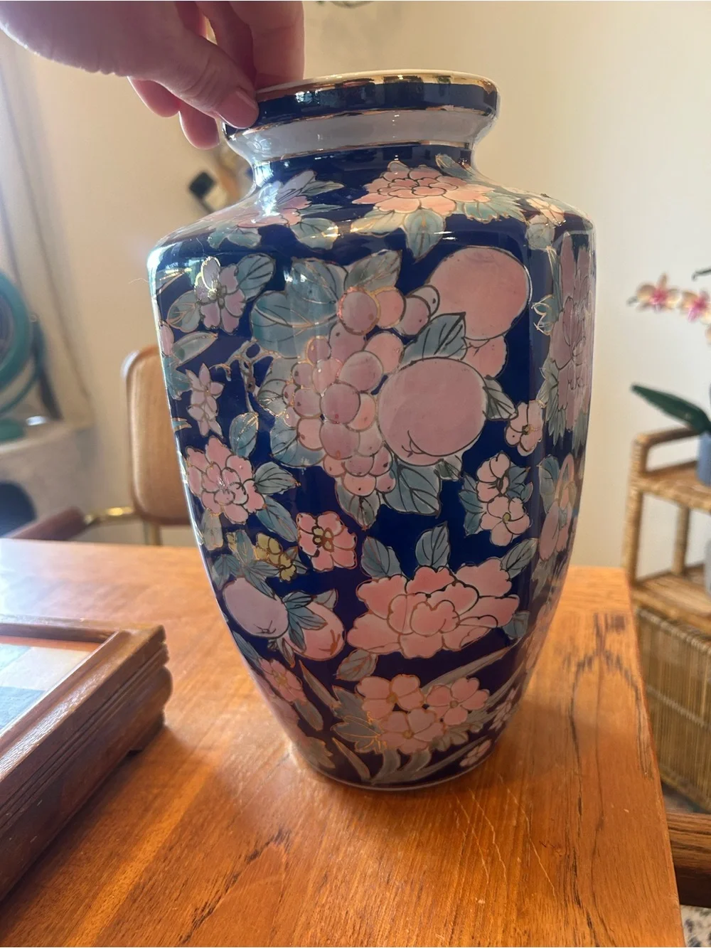 Vintage Pier 1 Cobalt Blue Floral Porcelain Vase | Hand Painted Pink Flowers